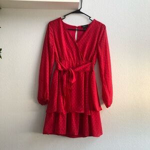 Japna Women’s Long Sleeve V Neck Ruffled Lined Dress Attached Belt size Small